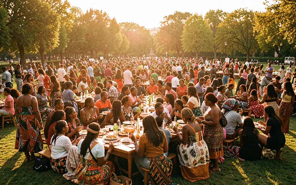 Illustration of a large outdoor gathering in a Paris park at golden hour, long shared tables, warm ochre light.