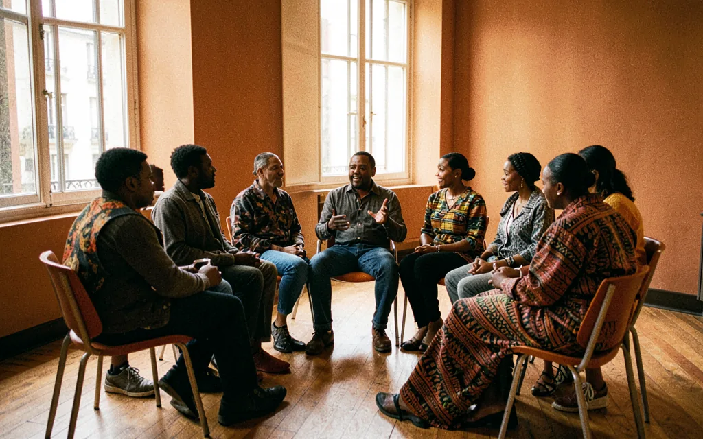 Illustration of a small discussion circle seated in a ring in a community space, warm afternoon light.
