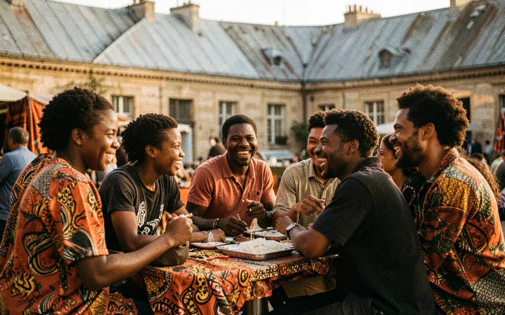 Documentary scene of Black friends gathered around a table outdoors in a Paris street market at golden hour, wax print textiles in ochre and rust.