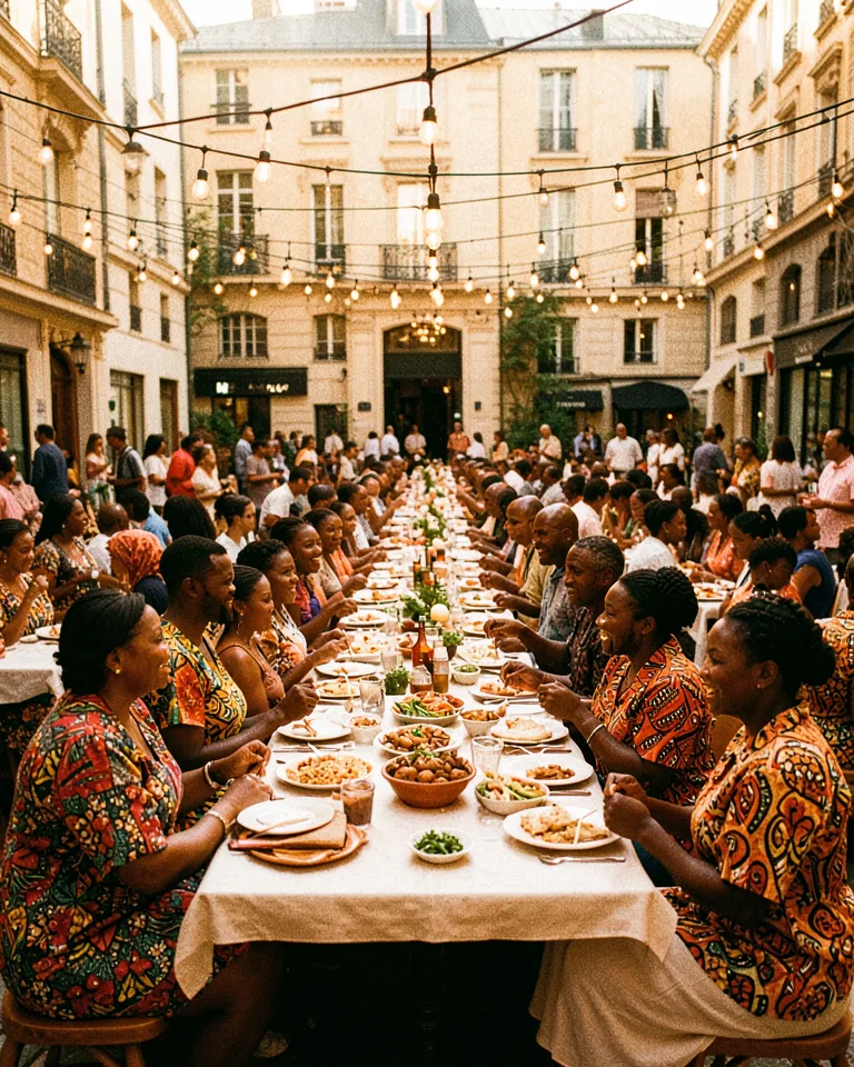 Illustration of a large courtyard gathering around long communal tables in warm late afternoon light.