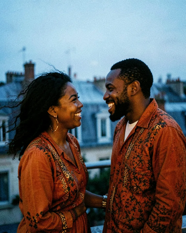 Illustration of two friends talking and laughing on a Paris rooftop at dusk.