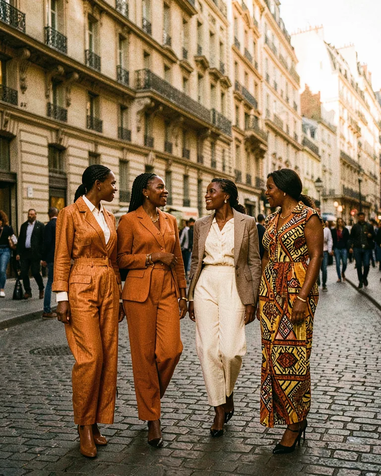 Illustration of four friends walking together along a Haussmann boulevard at golden hour, dressed in ochre and rust.