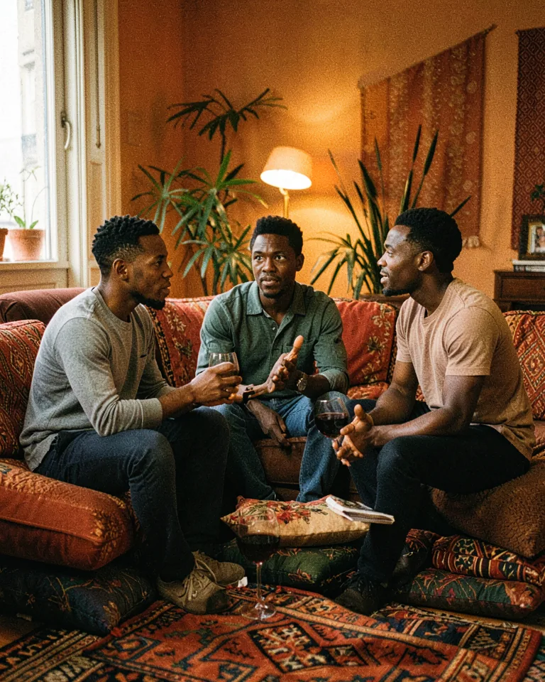 Illustration of three friends in close conversation on a sofa in a warmly lit apartment.