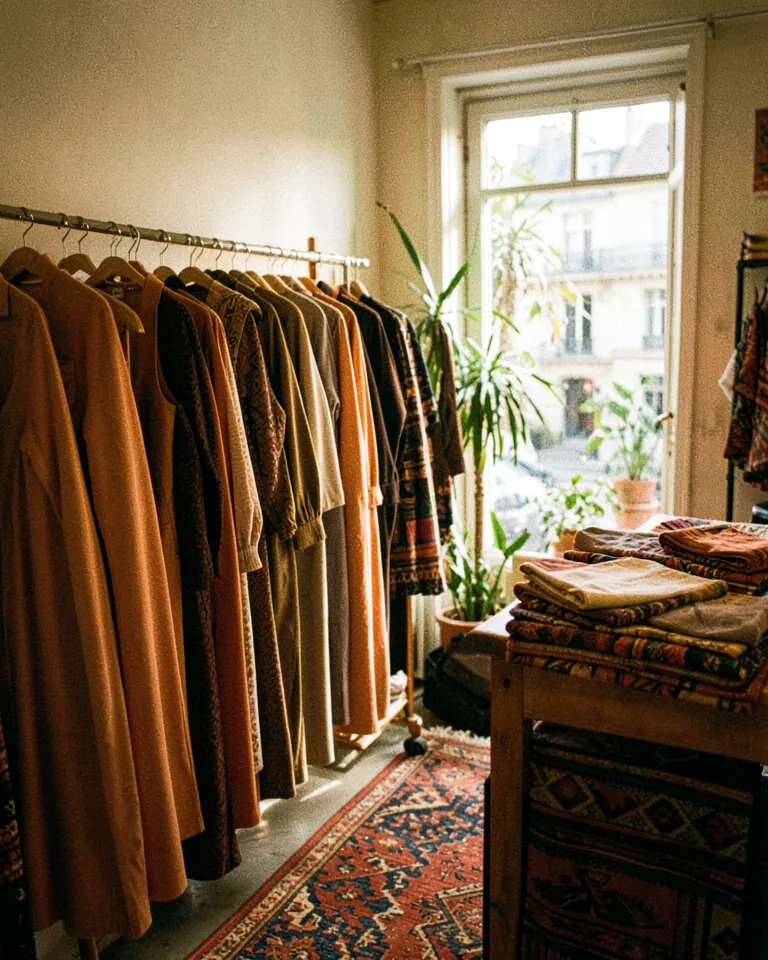 Illustration of the interior of a small independent fashion boutique, garments in ochre and rust on a rail.