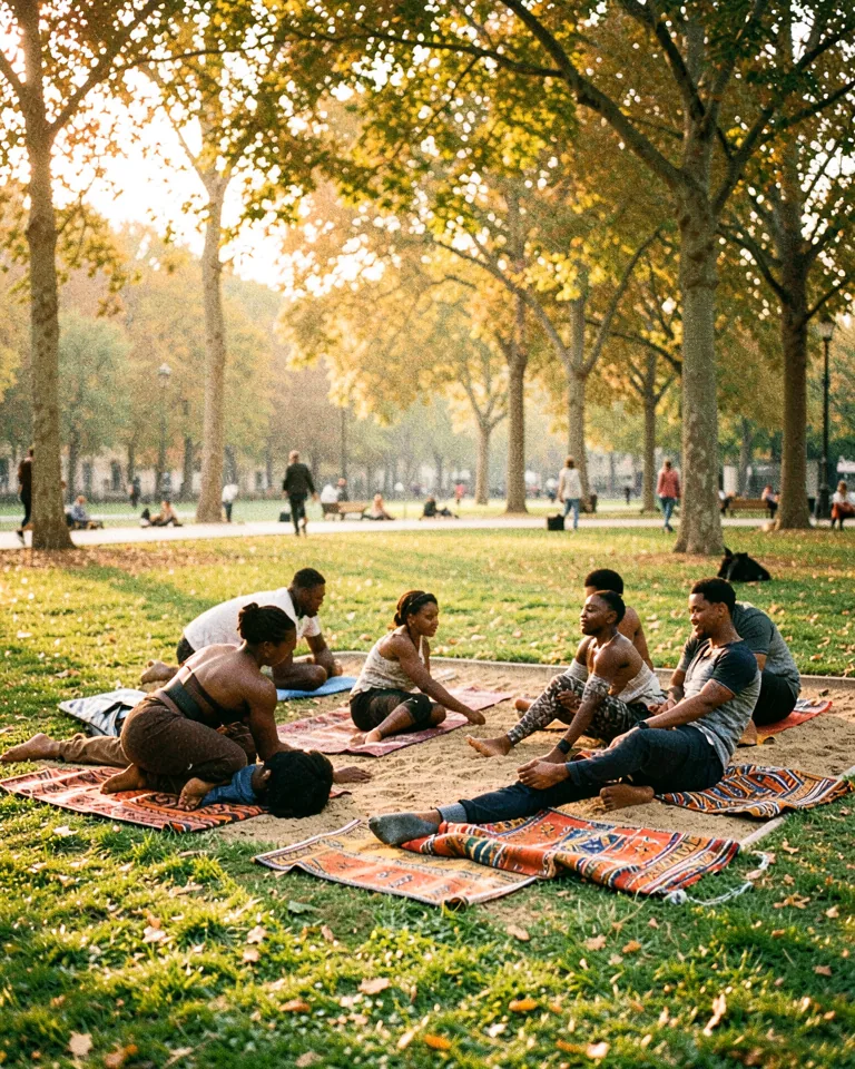Illustration of a group mid-yoga on mats in a Paris park in early autumn morning light.